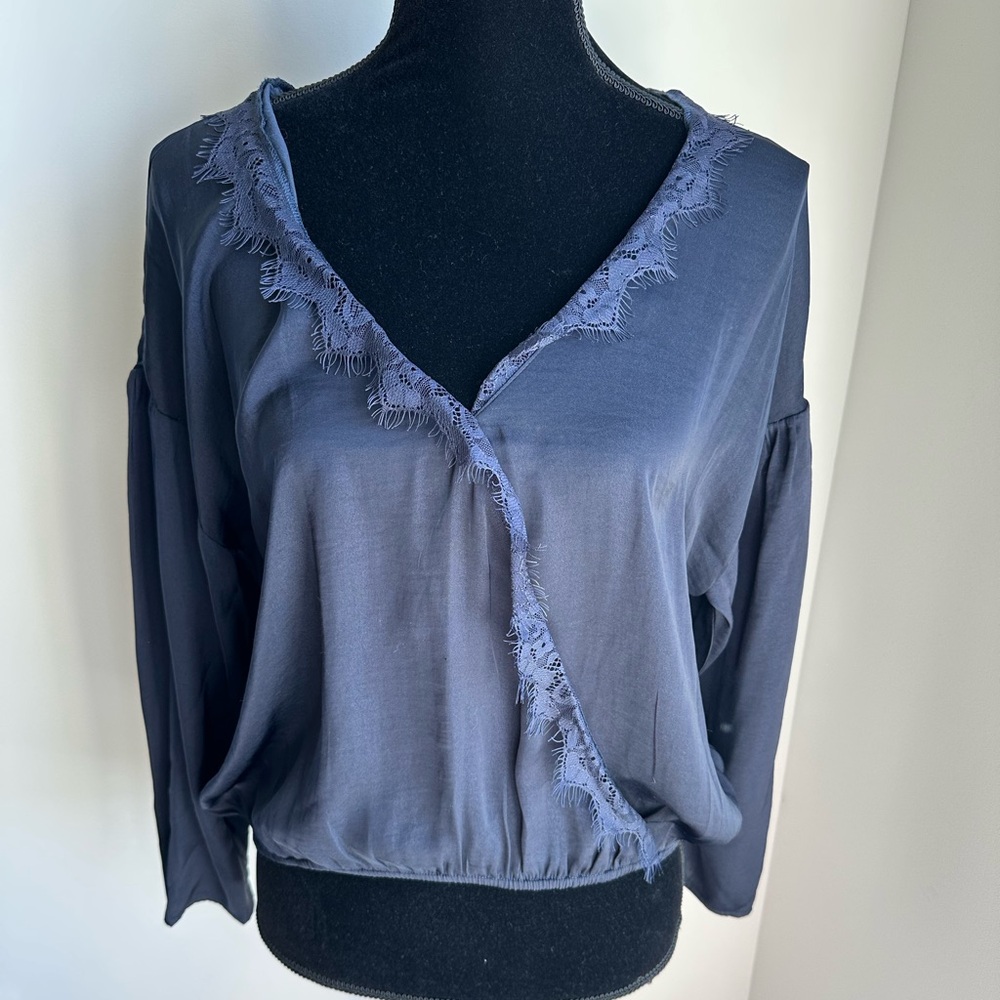Women’s Express Navy Lace Trim Overlay‎ Blouse